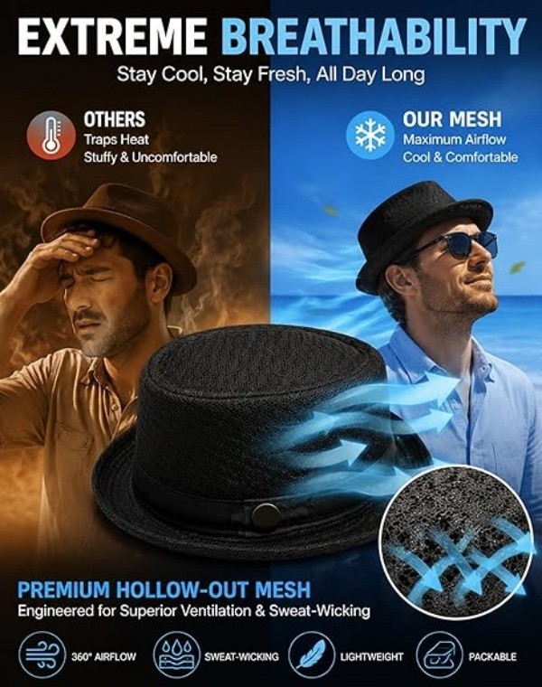 Summer Breathable Mesh Pork Pie Hat for Men