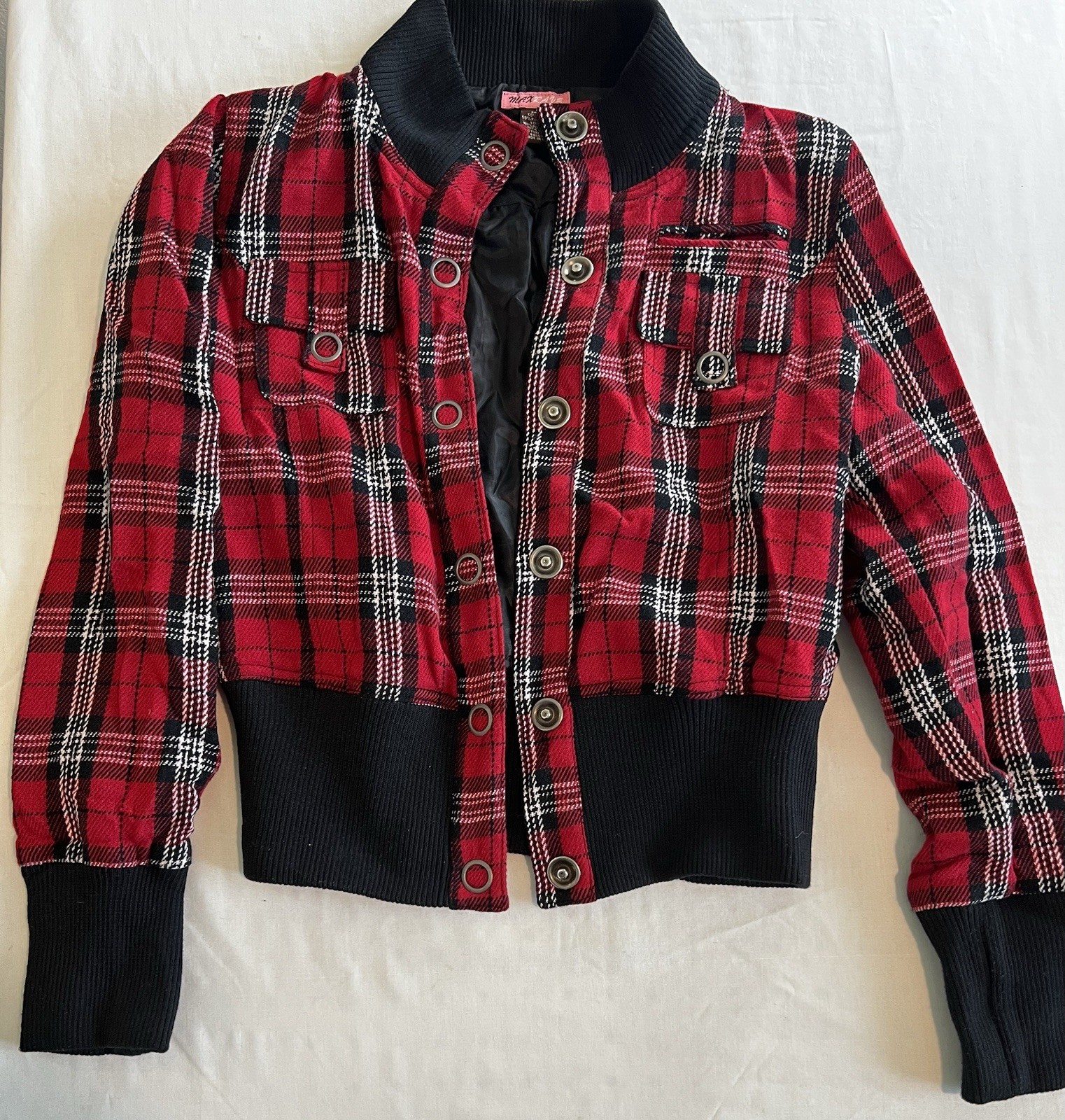 Vintage Red Black Plaid Bomber Jacket Snap Front Ribbed Trim Retro Punk L