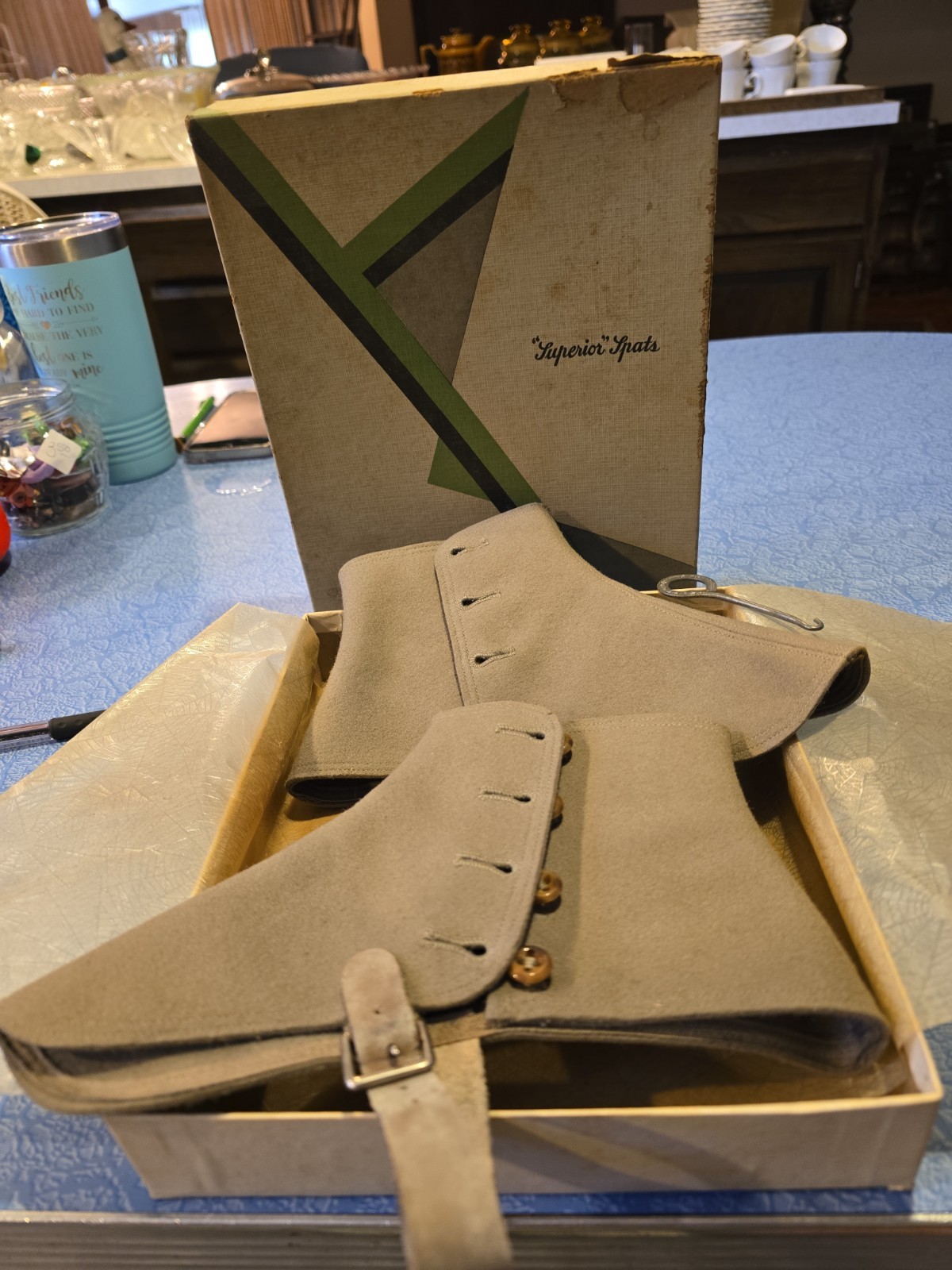 Antique EDWARDIAN “SUPERIOR” SPATS Cloth Grey LEATHER STRAPS & BUTTON HOOK OB