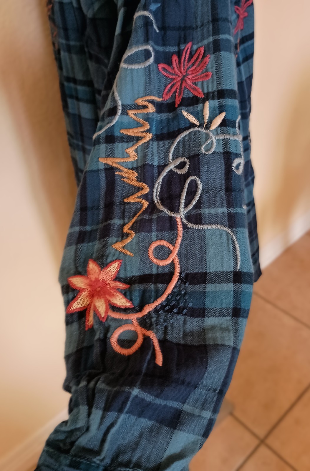 NWT JOHNNY WAS Blue Plaid Embroidered Carmen Henley Shirt Tunic Dress SZ M