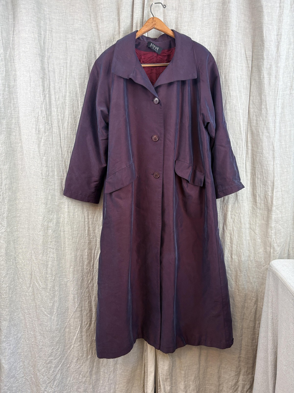 VTG y2k Womens Long Trench Coat Size 14 Iridescent Purple Duster Overcoat City