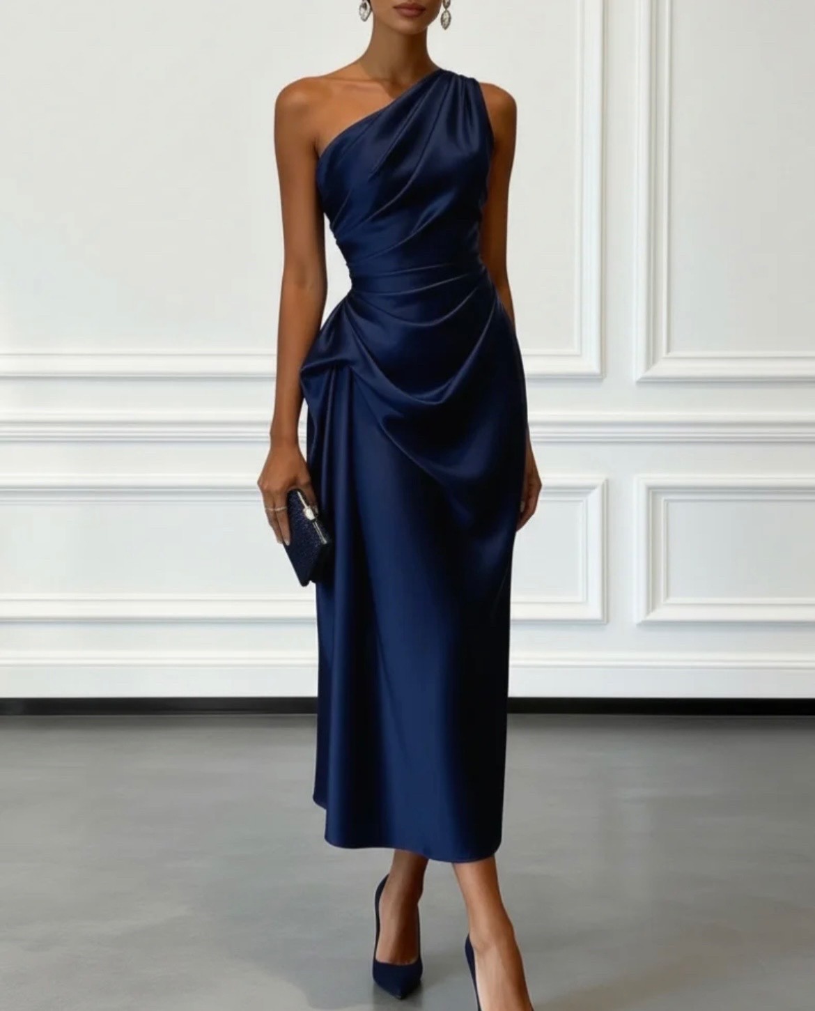 Fehaute – Navy Ruched Satin One Shoulder Sleeveless Sheath Midi Dress