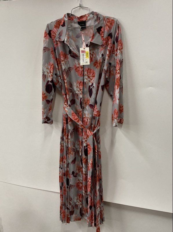 Alex Marie Women’s Gray Orange Floral Pleated Belted Midi Shirt Dress Sz 18 NWT