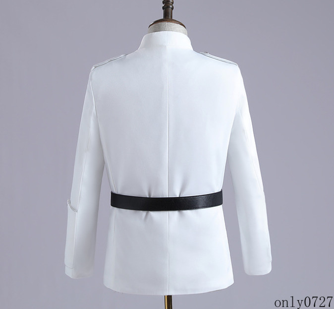 Mens Casual Suit Coat Double-breasted SStand Collar Belt Banquet Dance Costume