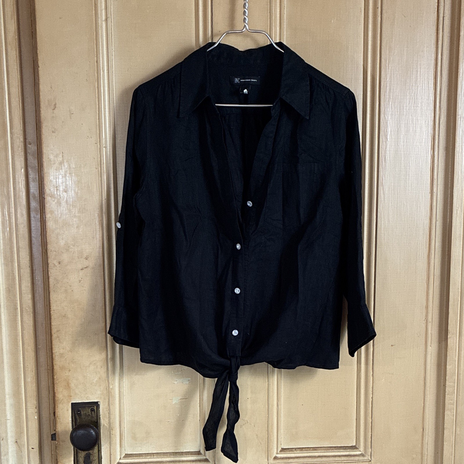 INC International Concepts Women’s Black Linen Collared Button-Up Tie 3/4 10