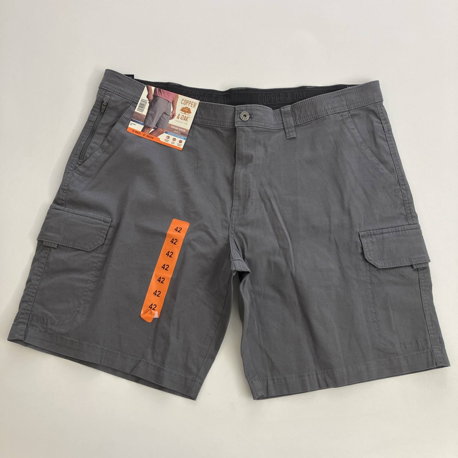 Copper and Oak Men Cargo Shorts Ripstop Security Pocket Flex Waist Gray 42
