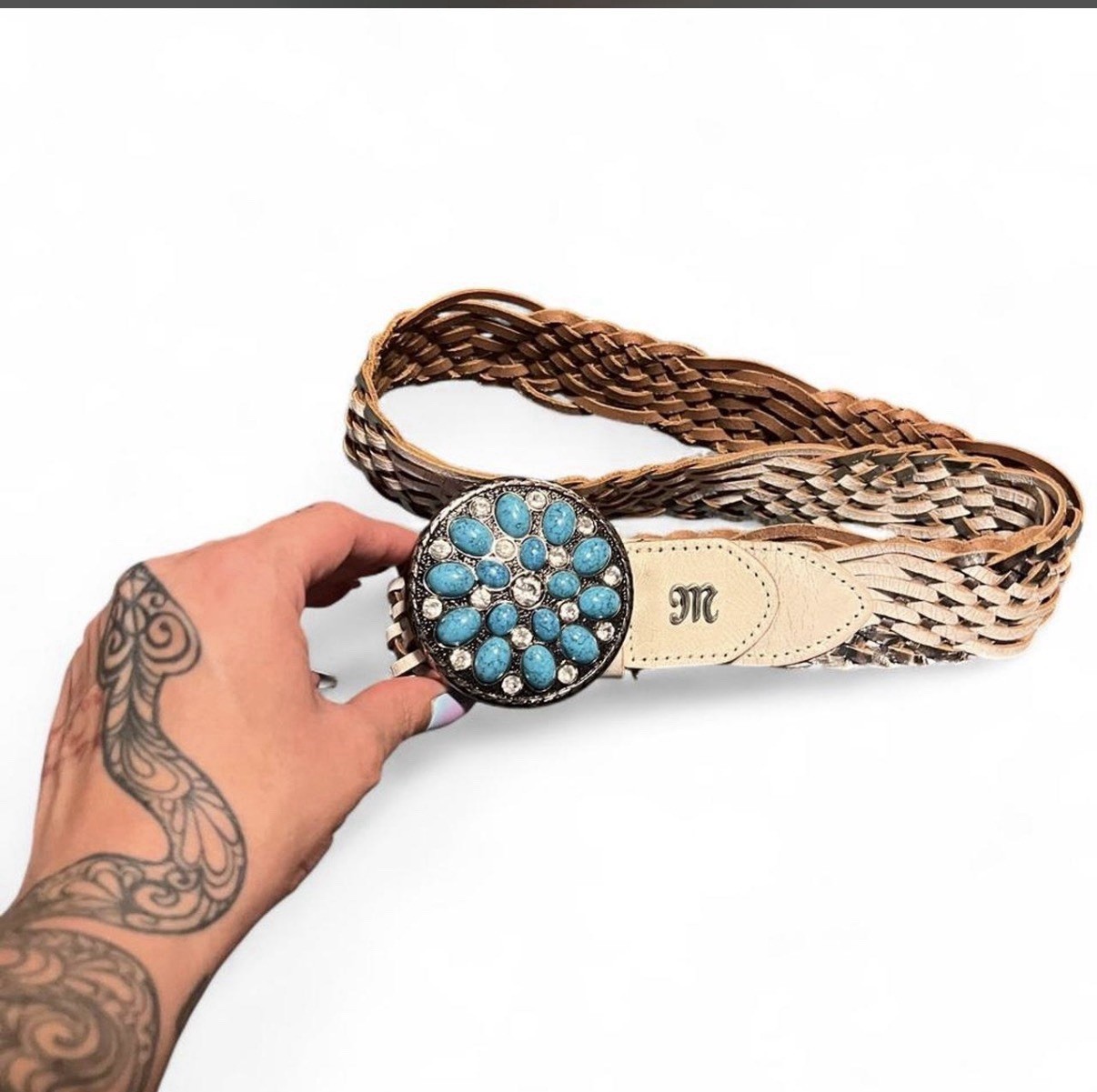 Women’s Tan Braided Belt Western Turquoise Rhinestone Concho Buckle M