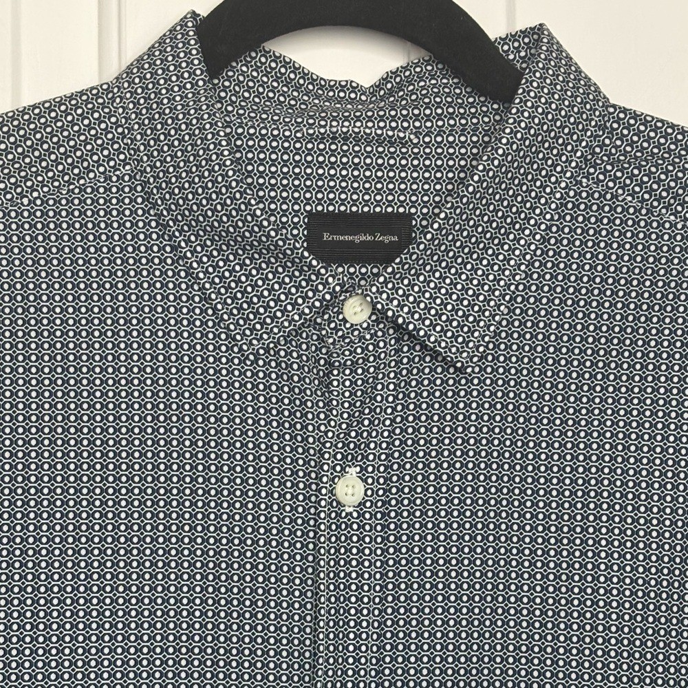 EUC Ermenegildo Zegna Navy Geometric Button Down Cotton Shirt size XXL