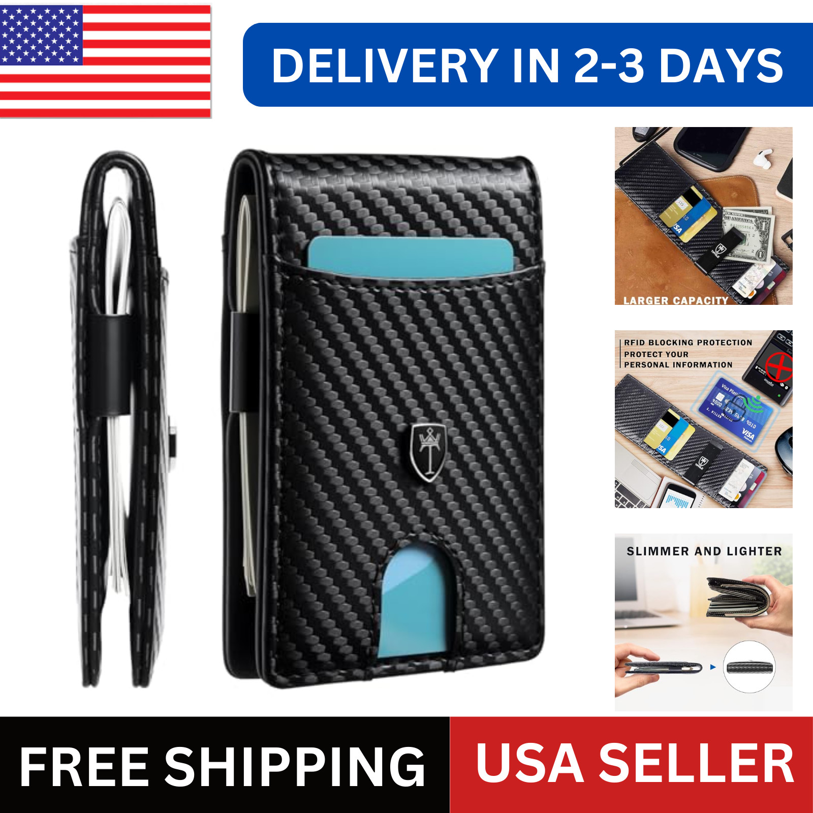 Men’s Slim PopUp Bifold Carbon Fiber Wallet, RFID Blocking, Money Clip, Men Gift