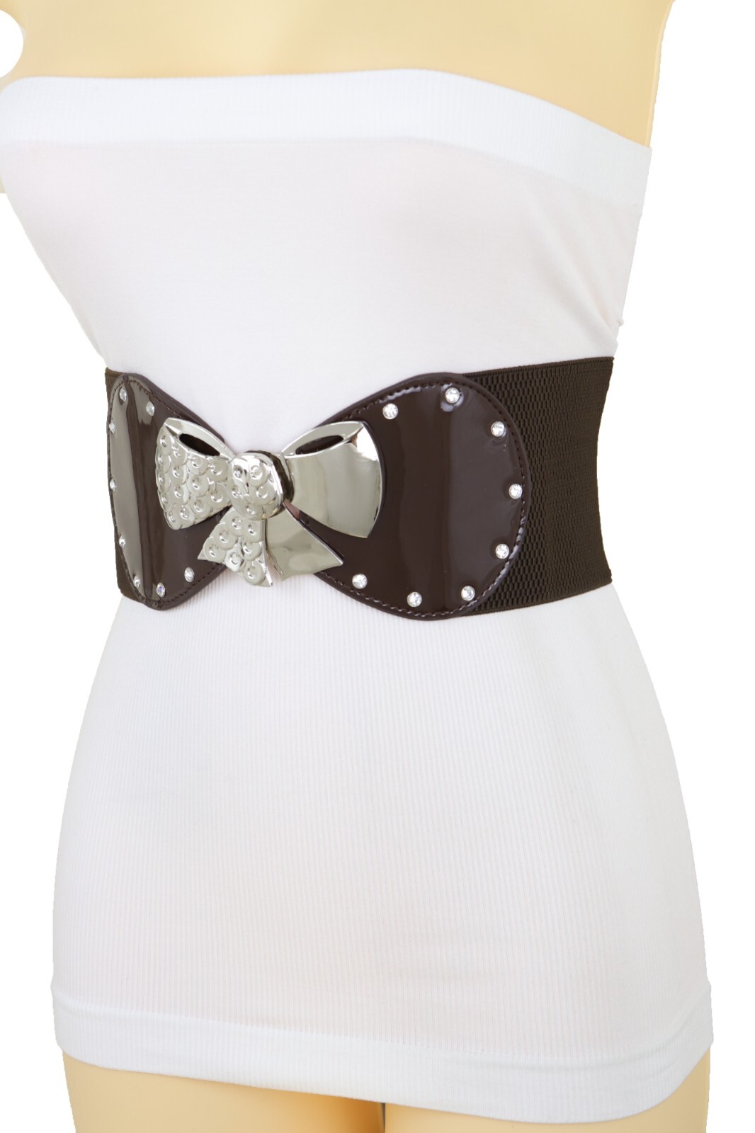 Women Dark Brown Color Wide Apparel Belt Silver Metal Bow Tie Ribbon Buckle S M