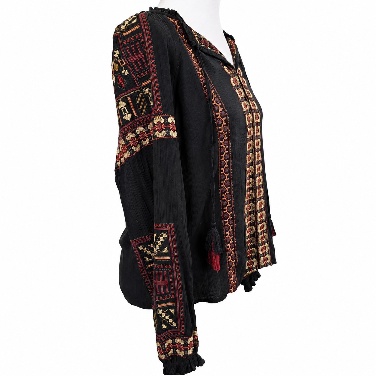 American Eagle Embroidered Boho Peasant Top Women’s Small Black Tassel Viscose