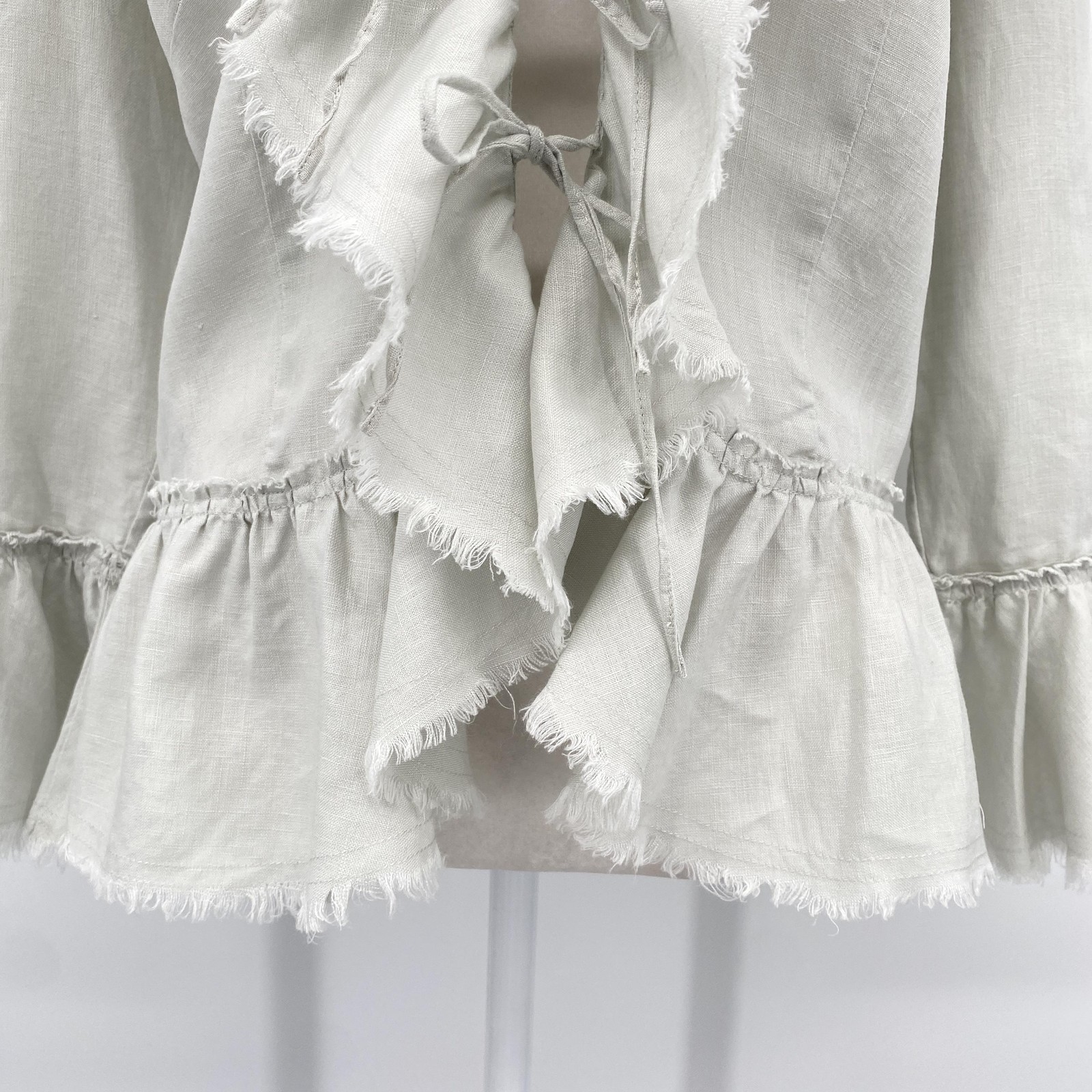 Grace Elements Blouse Womens 8 Gray 100% Linen Ruffle Tie Front Boho Art to Wear