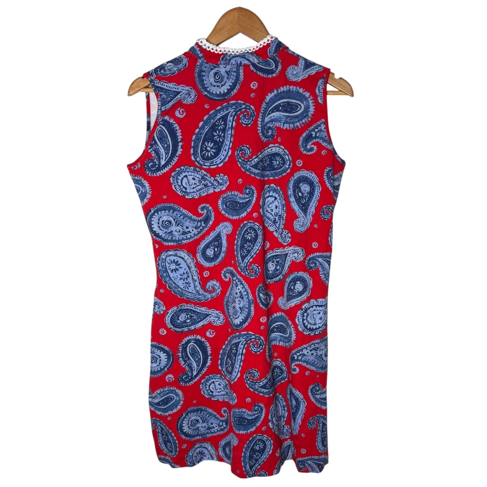 Ana Clare Paisley Shift Short Dress Size L Red Lace Trim Coastal Resort wear