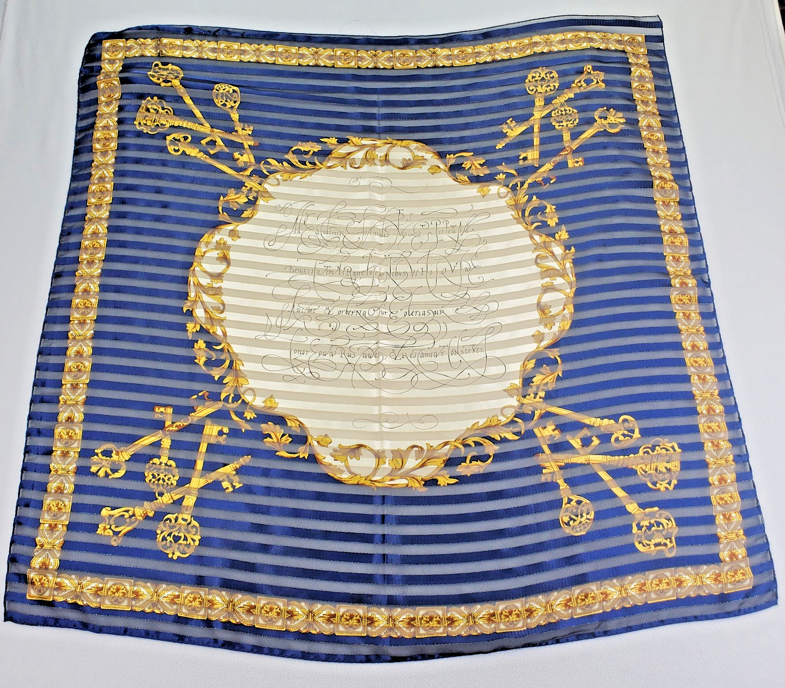 VTG Manuscript Scarf 35in Square Blue Shadow Stripe Faux Latin Gold Metallic Key