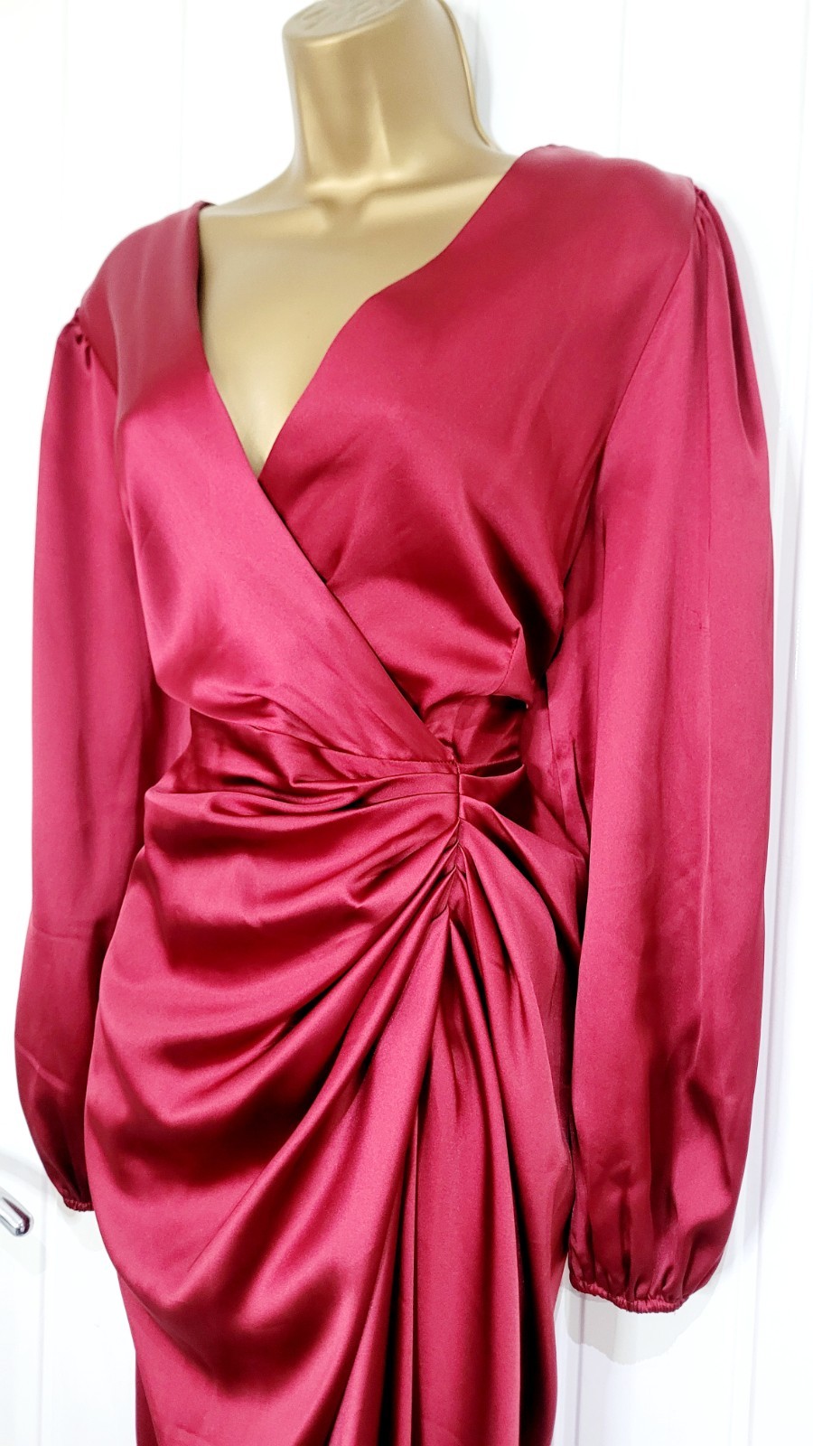 QUIZ size 16 deep red / Wine / Satin ruched sleeved evening occasion dress