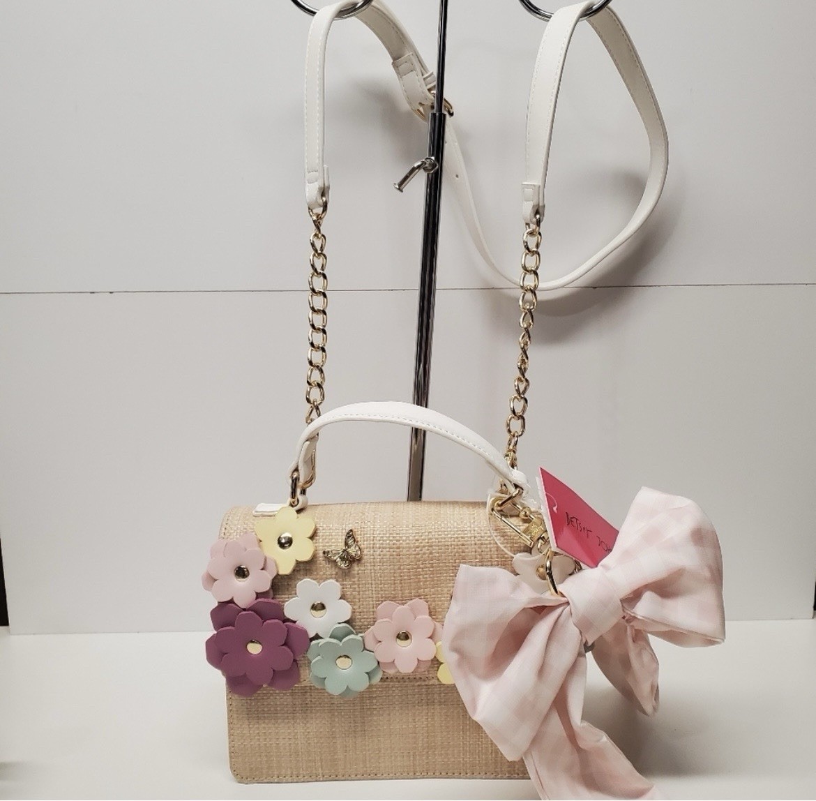 Betsey Johnson XOMYLO2 Crossbody Purse Flowers Butterflies Pink Gingham Bow NWT