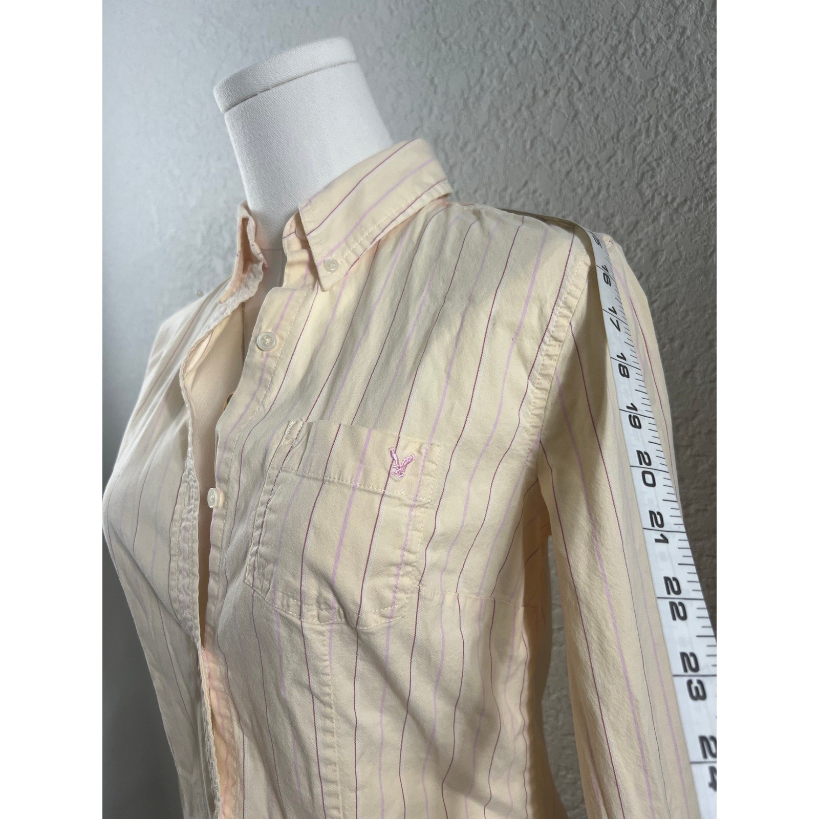 American Eagle Pale Yellow Pinstripe Button Down Shirt Size 2 XS Fitted Poplin