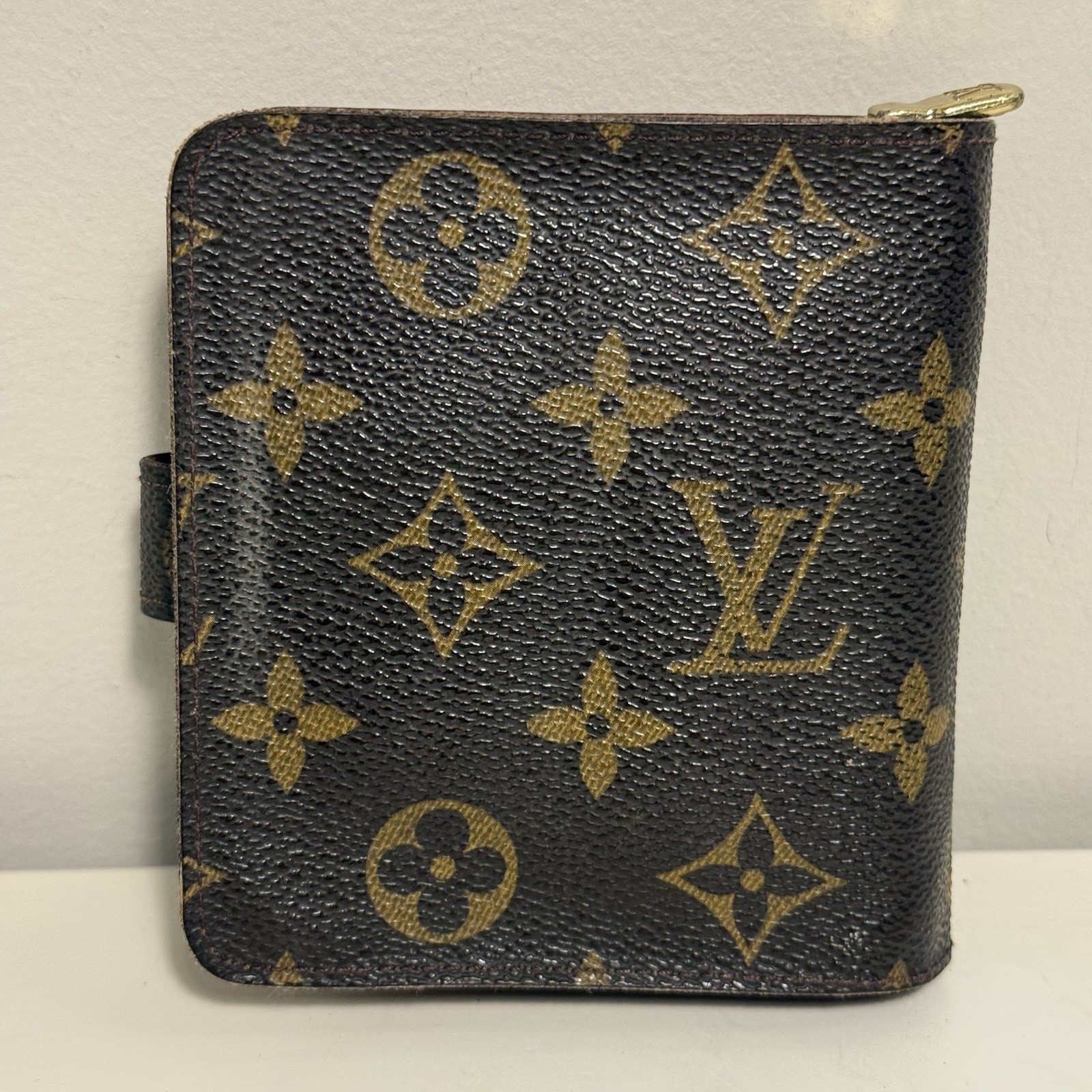 Authentic Louis Vuitton LV Monogram Compact Zip Bifold Snap Wallet Button Brown