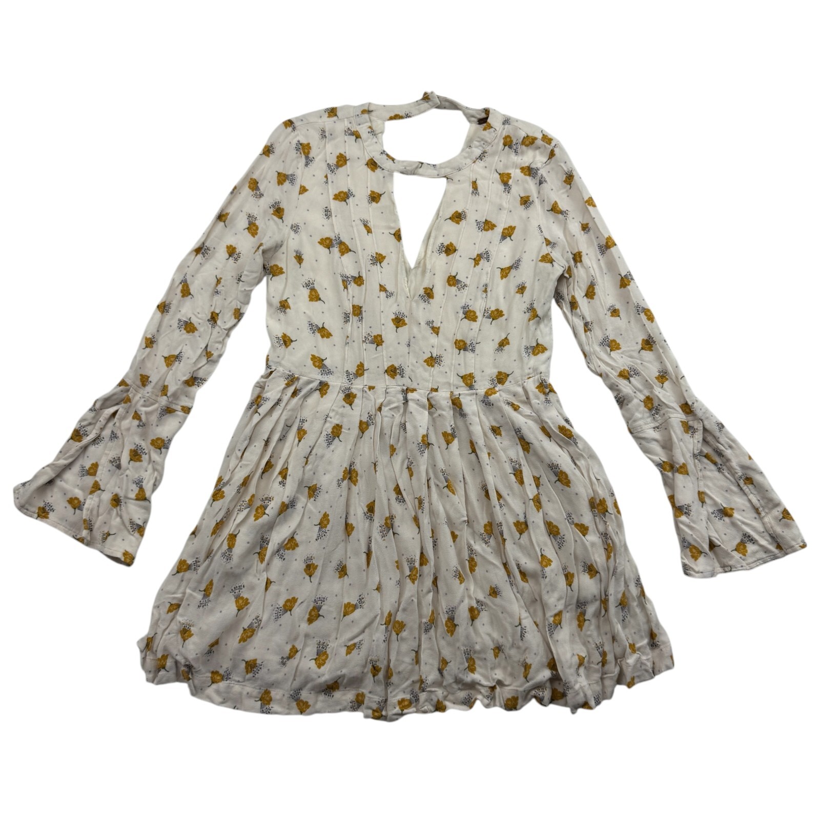 Free People Tegan Ivory Floral Long Flare Sleeve Mini Dress Rayon Sz 4 OB536552