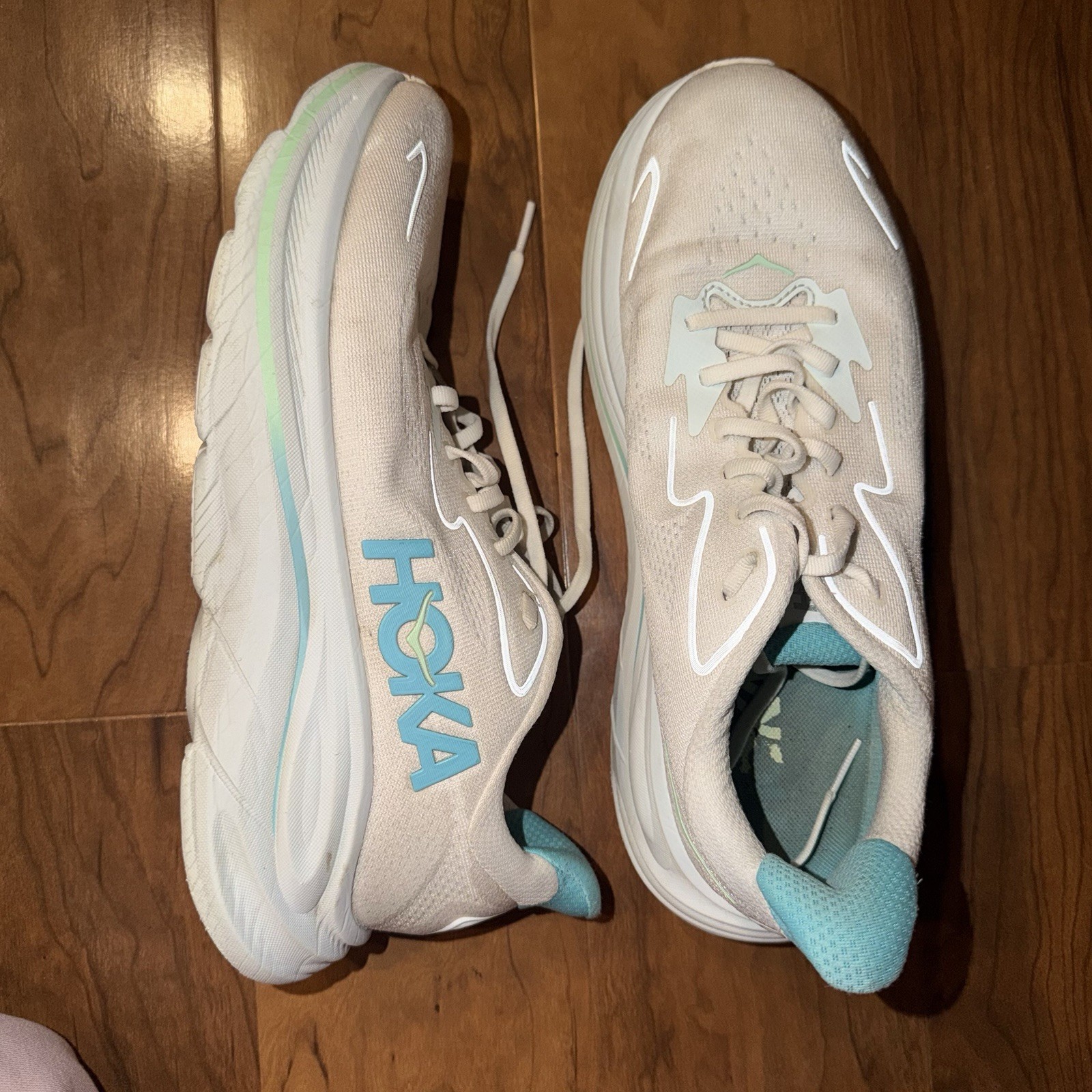 HOKA White/Blue Mesh Lace Up Low Top Athletic Running Sneakers