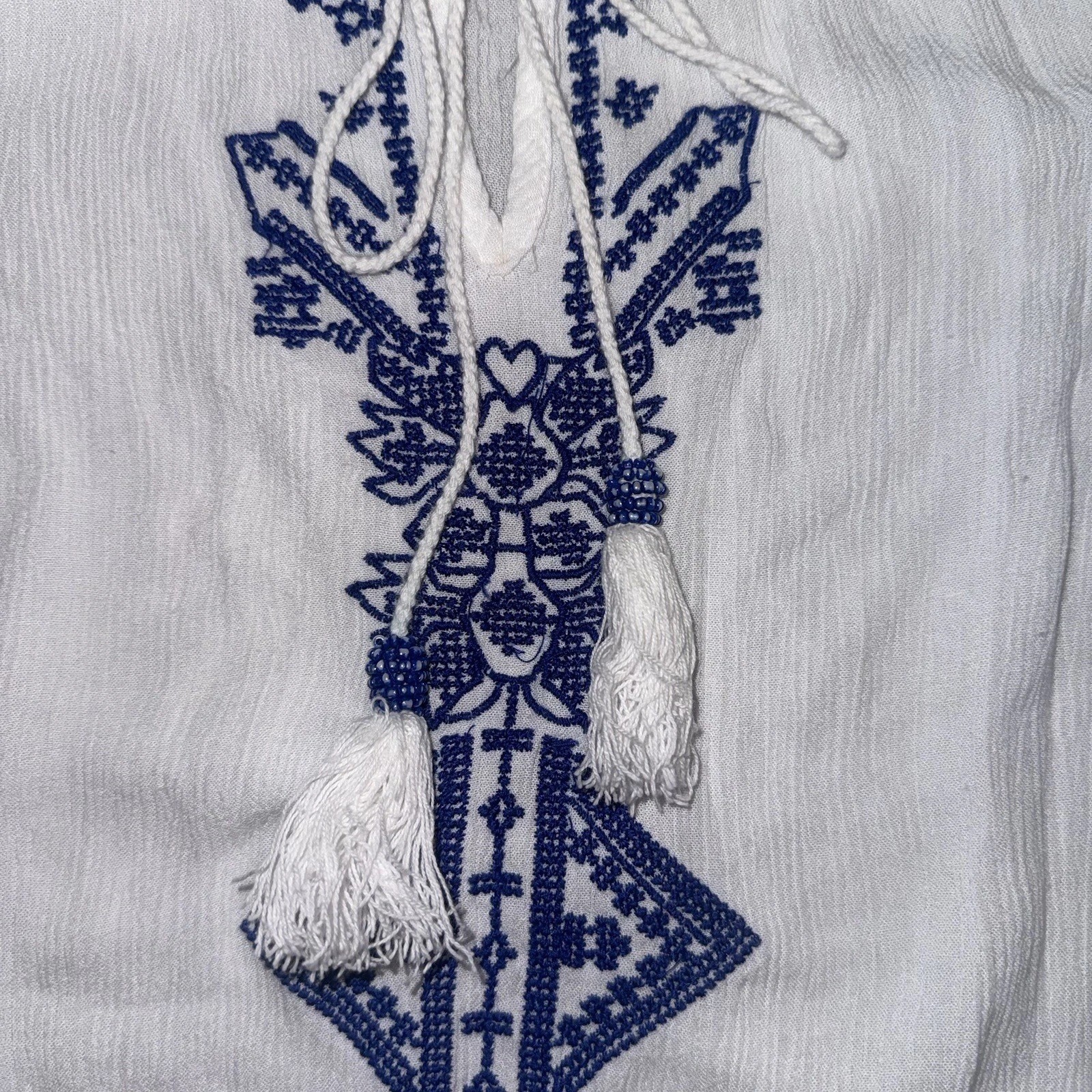 Ultra Pink Large White Embroidered Boho Peasant Tassel Sheer Top