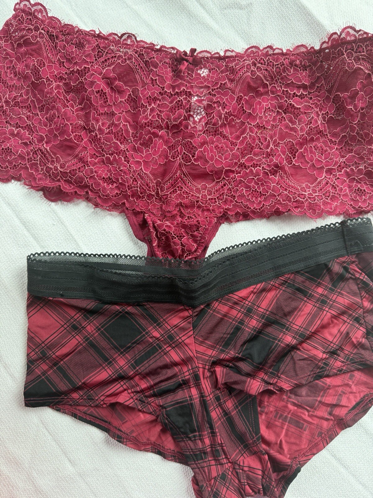 Set 2 Cacique Panties High Cut Lace Berry & Red Black Plaid Boyshort 14 16 XXL