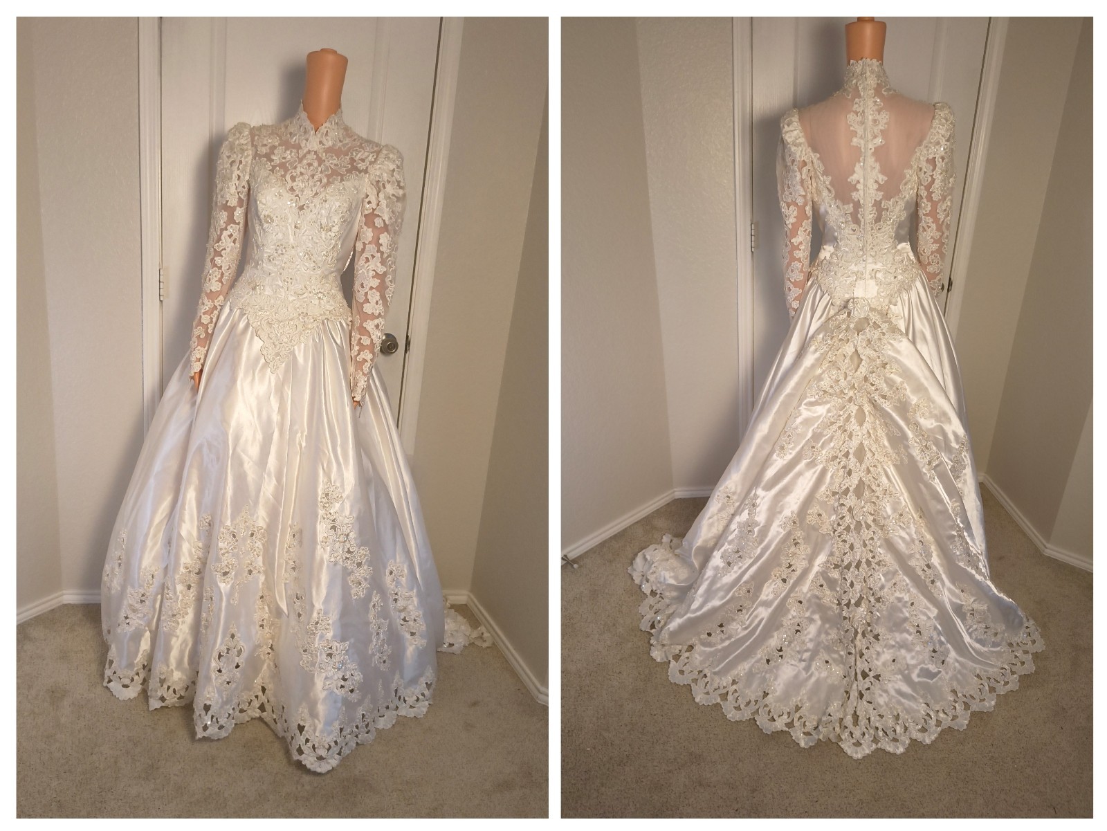 Vintage Victorian High Neck Wedding Dress Satin Lace 80s 90s Size 8 Mori Lee -43
