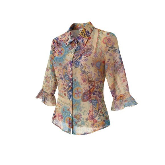 NICOLA Vintage Sheer Paisley Chiffon Button Front Blouse Colorful Boho Ruffle