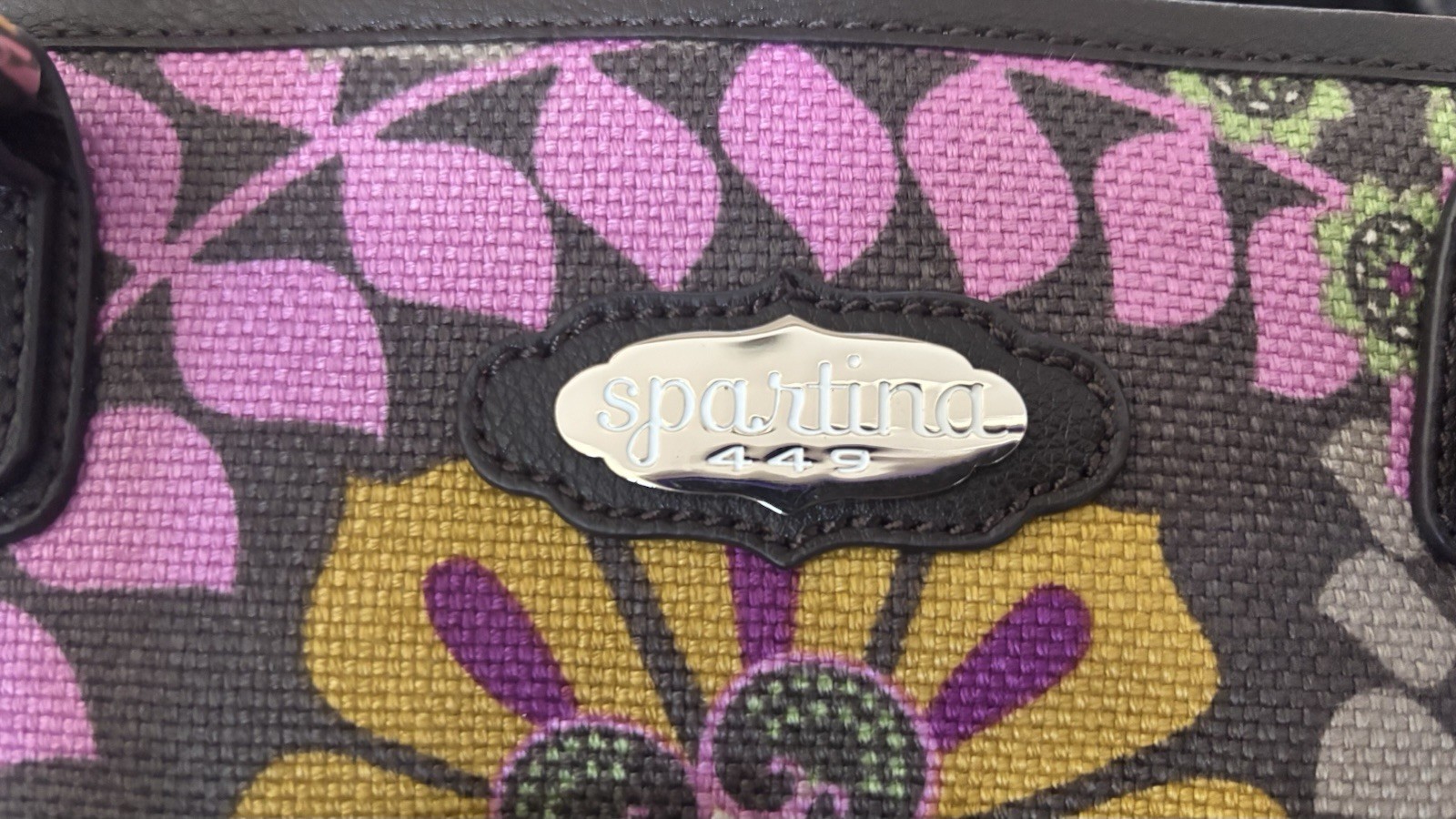 Spartina 449 Floral Multicolor Tote Zip Top Black Leather Double Handles Pockets