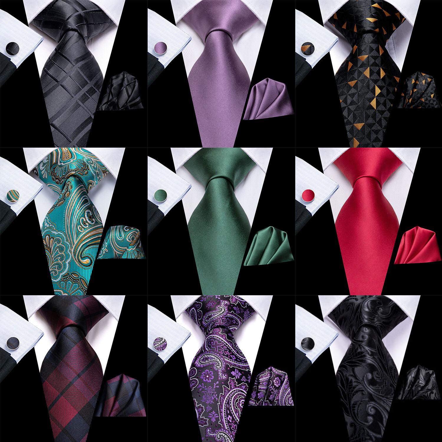 Hi-Tie Blue Checks Mens Silk Tie Hankerchief Cufflinks Wedding Prom Work Set
