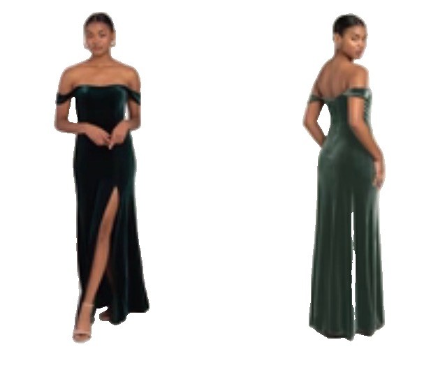 Jenny Yoo Sz 4 Issa Velvet Off-The-Shoulder Column Gown Maxi Dress Green Boning