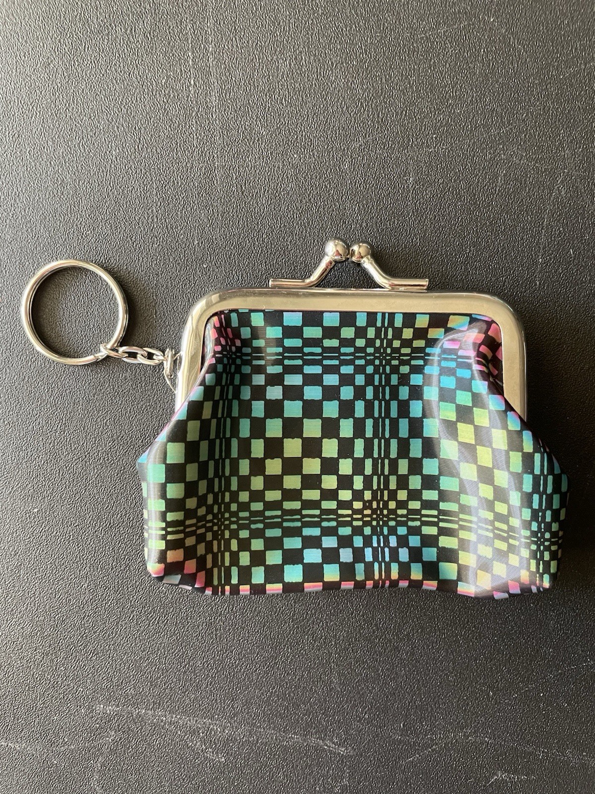 Vintage 00s Multicolor Geometric Kiss-Lock Coin Wallet Purse w/ Keyring