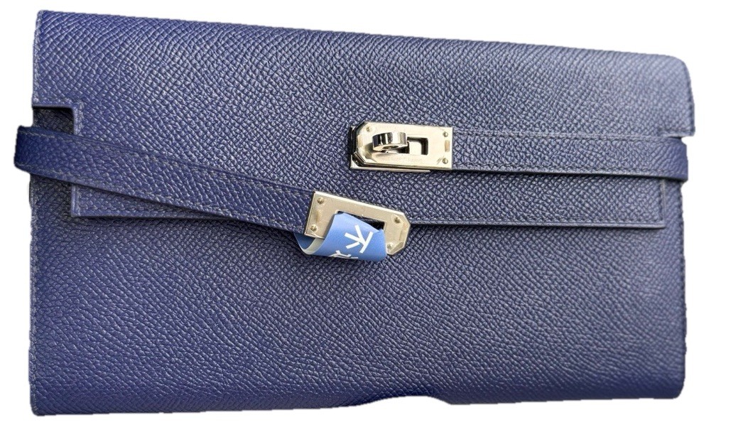 Authentic Hermès Kelly Long Wallet Sapphire Blue Epsom Leather Silver Hardware