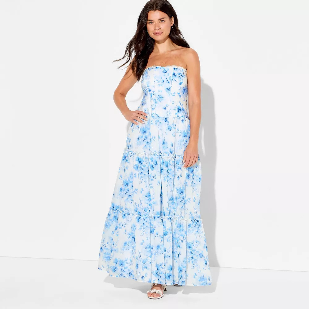 Women’s Strapless Tiered Corset Maxi Dress – Wild Fable White Floral L
