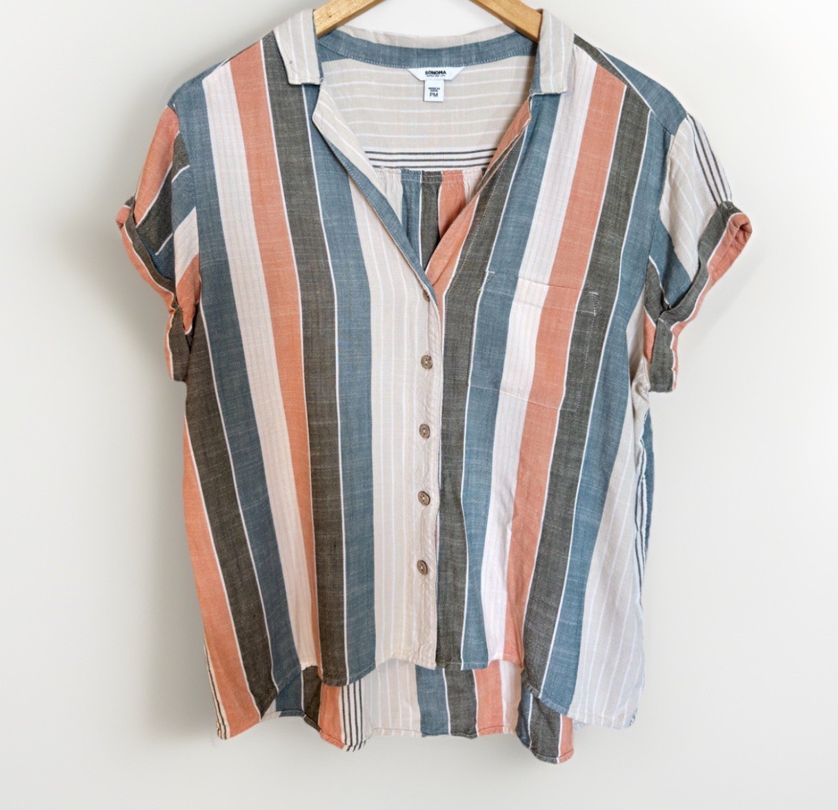 Sonoma Multicolor Striped Collared Button-Up Short Sleeve Blouse Top PM