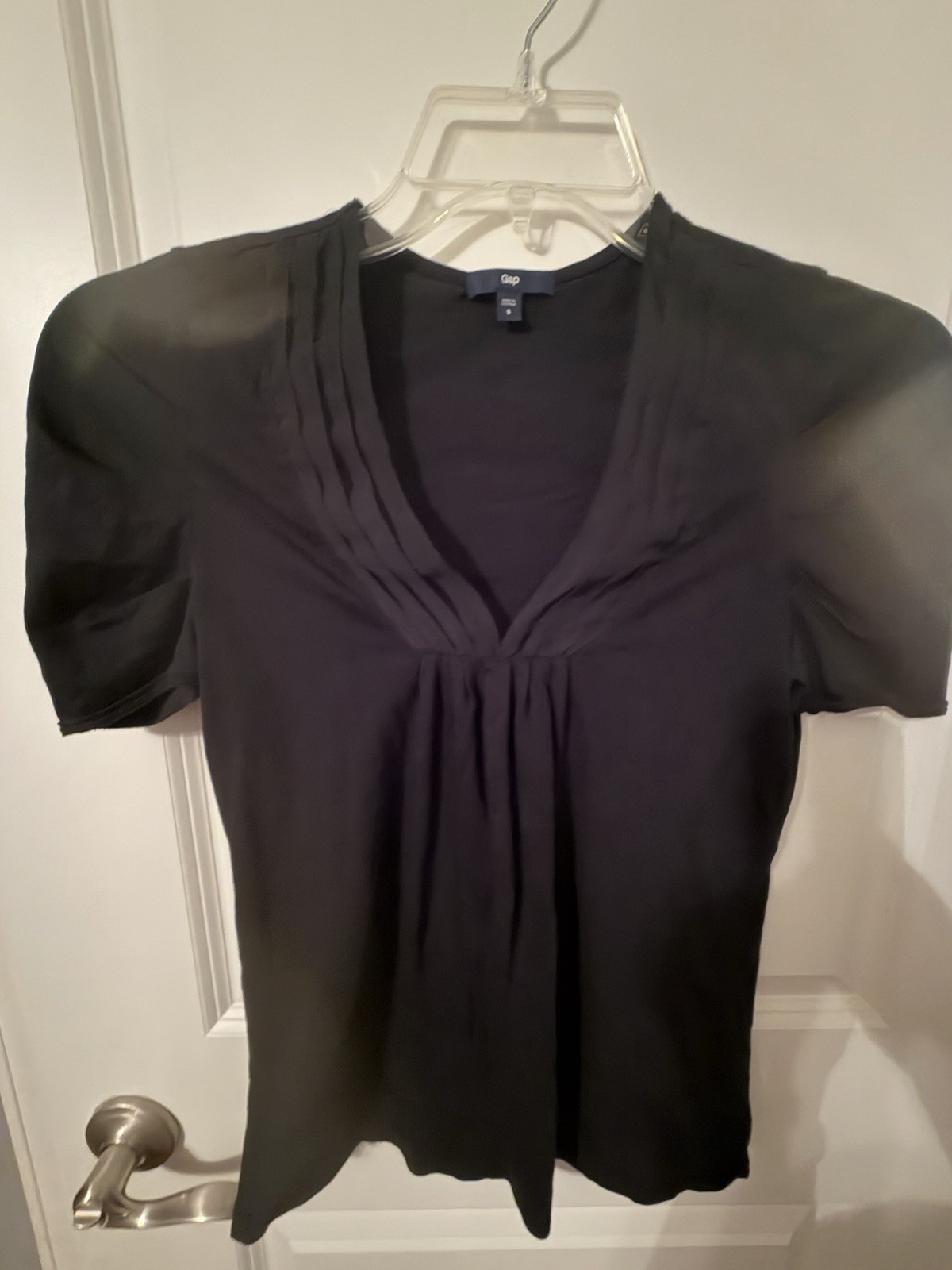 Gap Black Solid V-Neck Pleated Puff Short Sleeve Pullover Blouse S Women