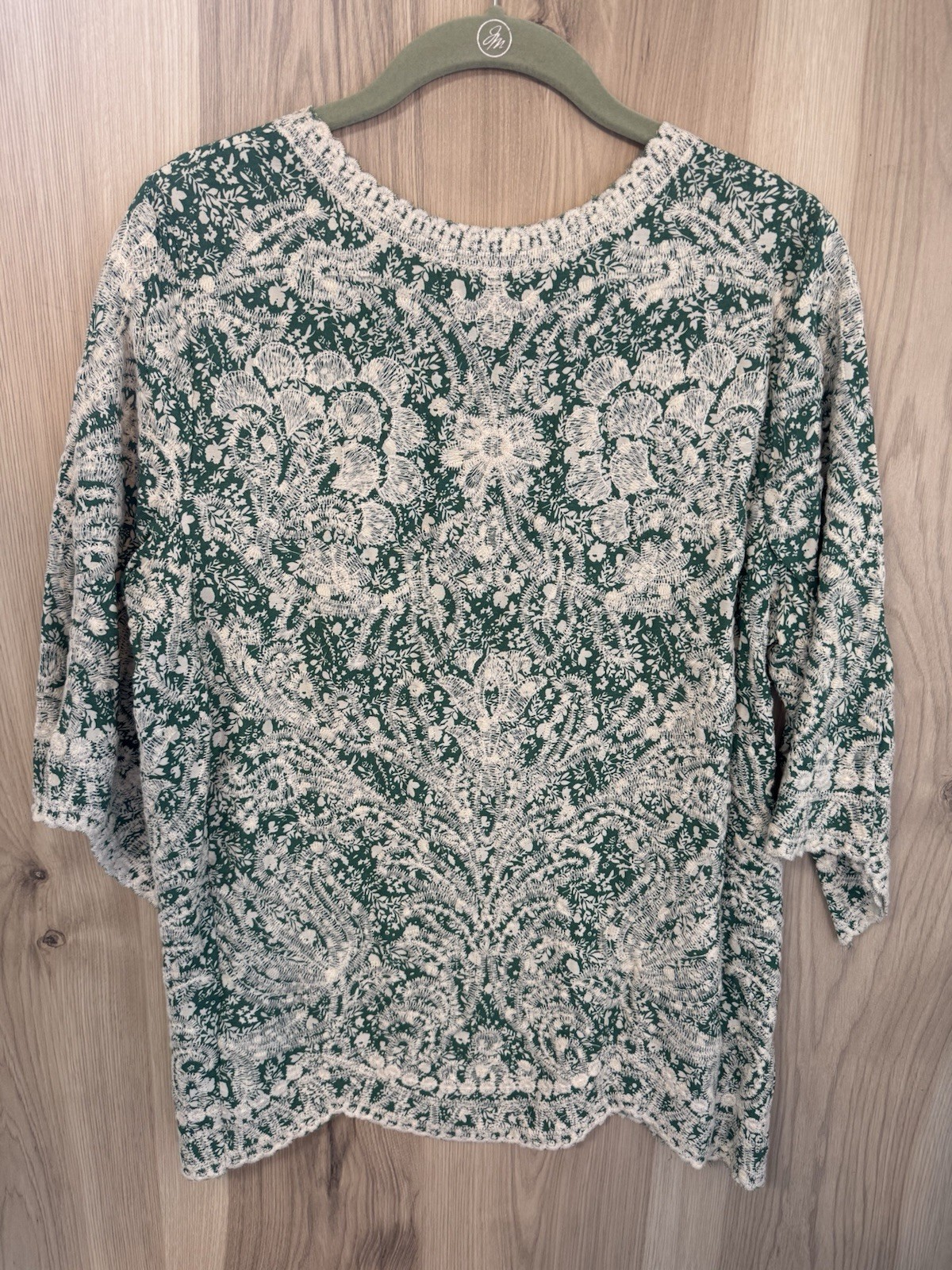 Solitaire Green White Rayon Woven Lace Trim Round Neck 3/4 Sleeve Blouse M