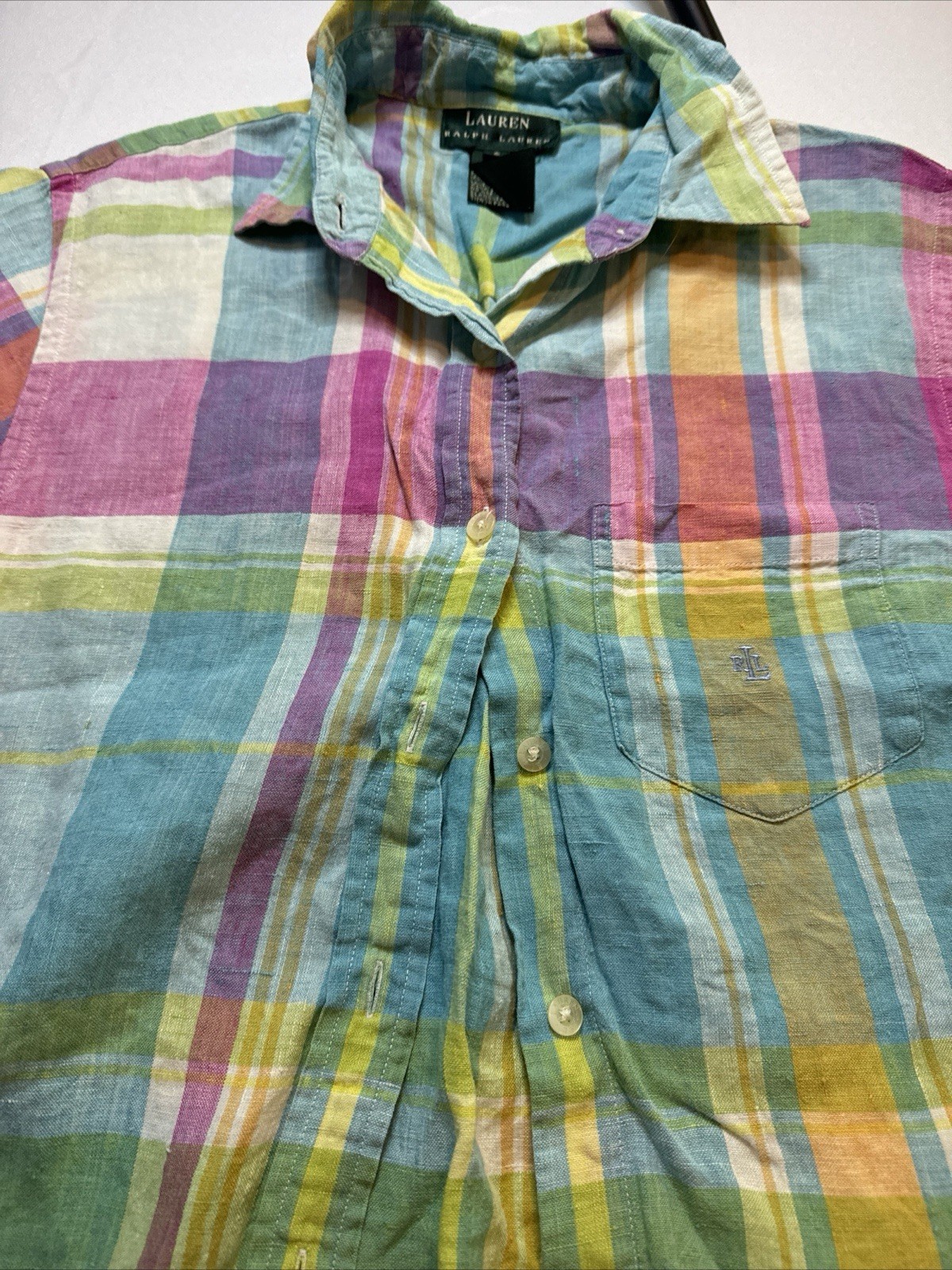 Ralph Lauren Linen Cropped Preppy Button Up Size Small Plaid
