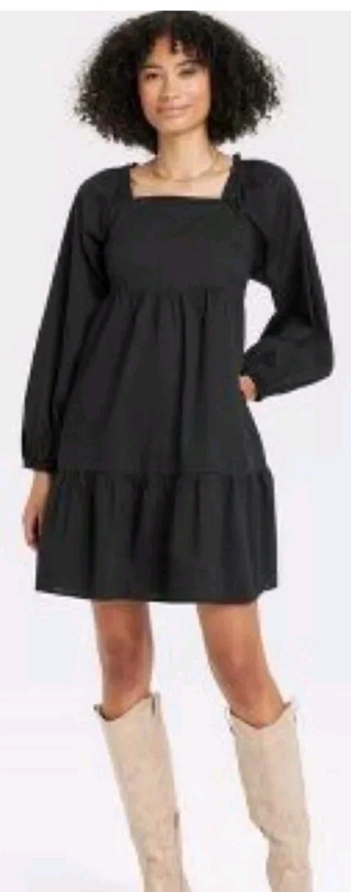 NWT Universal Threads Black Ruffle Embroidered Babydoll Milkmaid Boho Dress MED