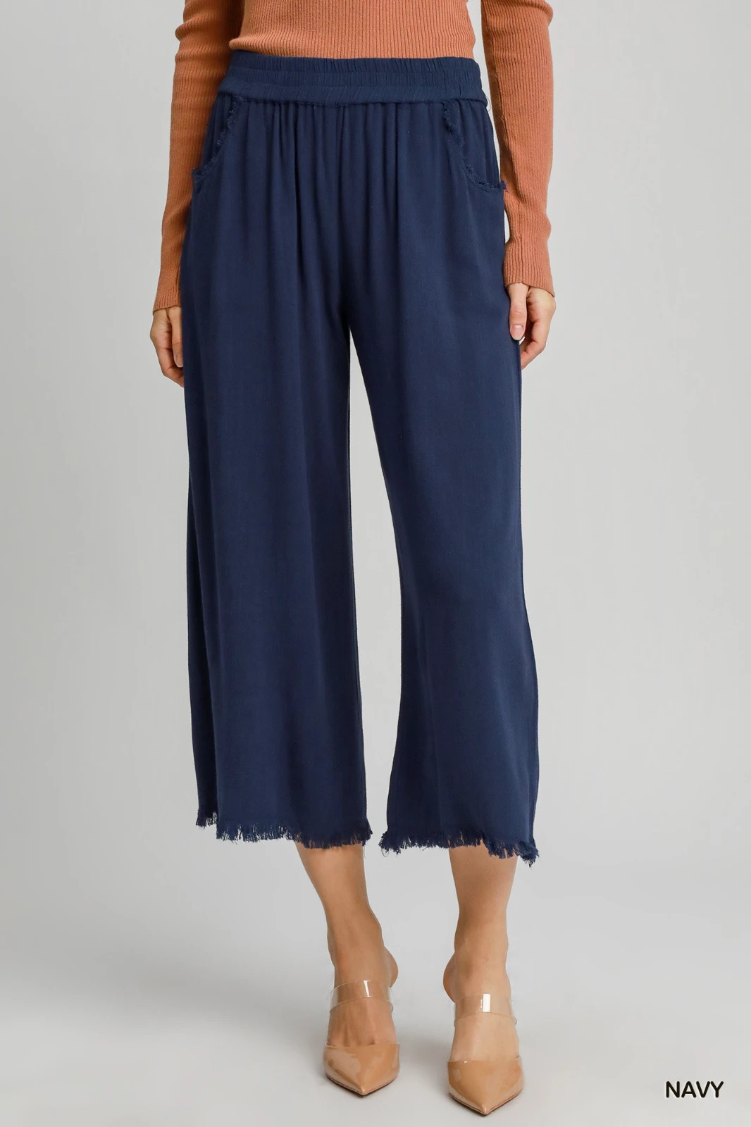 Umgee Navy Frayed Hem Wide-Leg Linen Blend Pants with Pockets