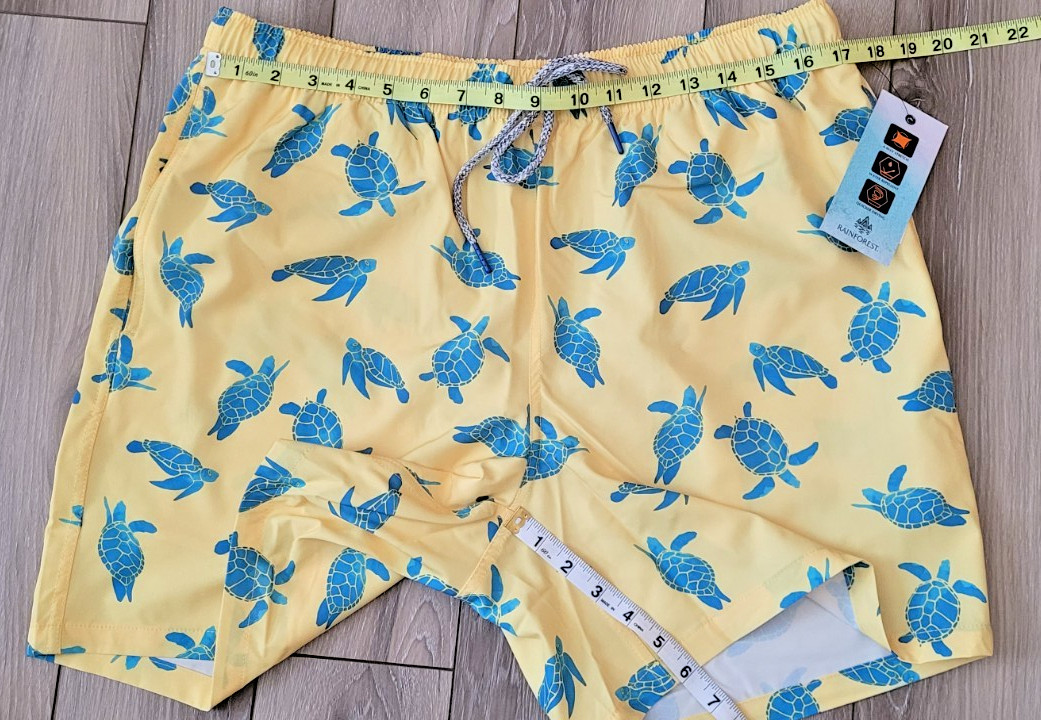 RainForest Mens Swim Trunks Shorts L Pull-On Stretch Waist Lined Turtles Yellow