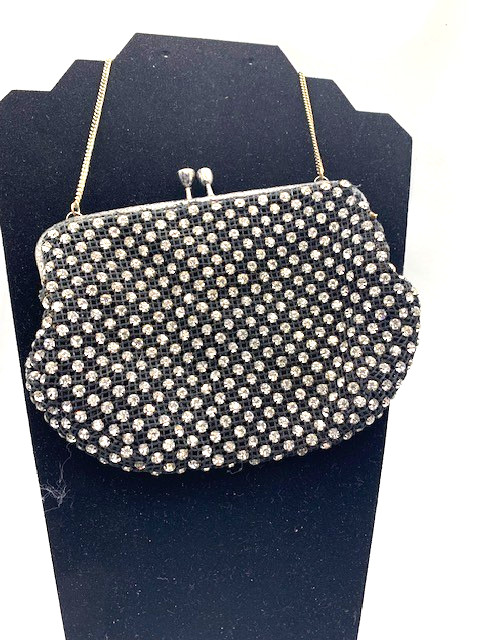 vintage sixties rhinestone evening bag with sterling silver frame on mesh back