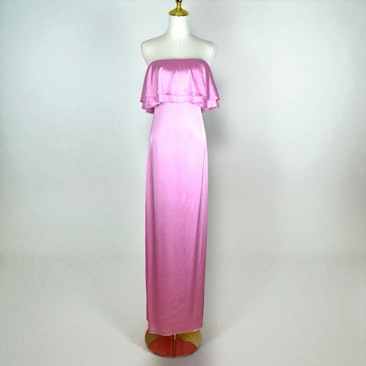 $798 Retrofete Queenie Strapless Pink Ruffle Satin Designer Maxi Dress Small
