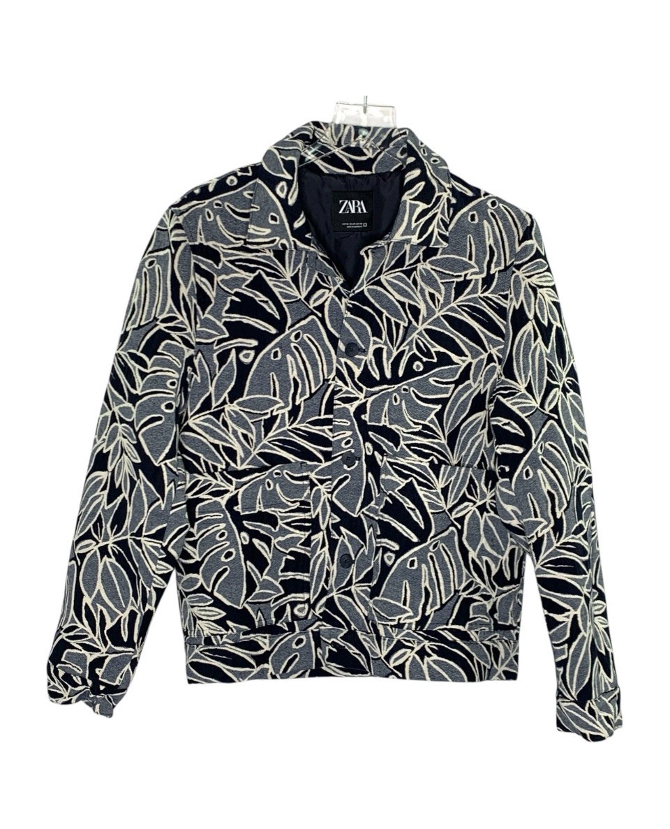 ZARA M Mens Leaf Jacquard Jacket Bomber Padding Blue Modern