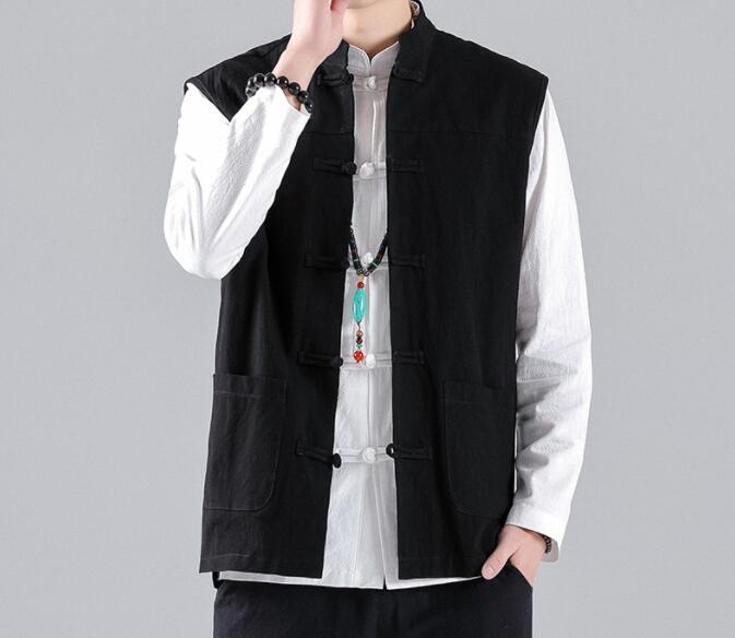 New Spring/ Fall Men’s Cotton linen Vest Chinese Style buckle Jacket Sleeveless