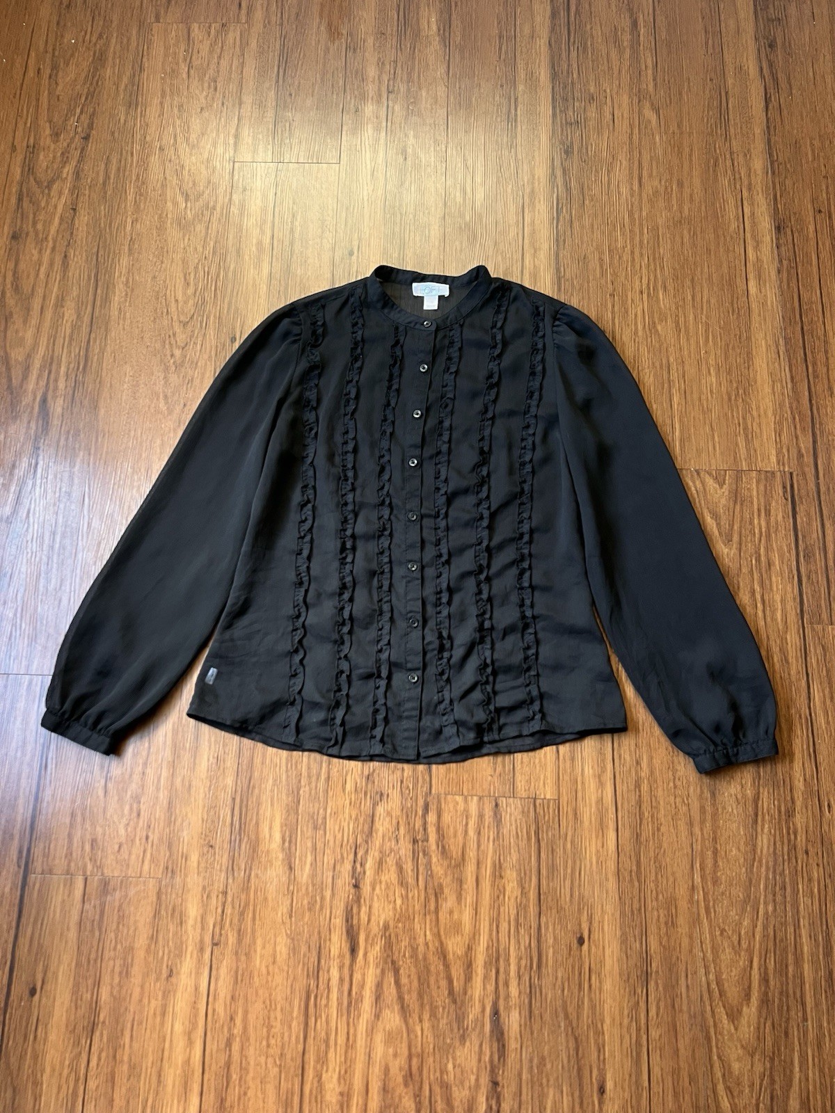 Ann Taylor LOFT Shirt Black Ruffle Balloon Sleeve Button Sheer Prairie Victorian