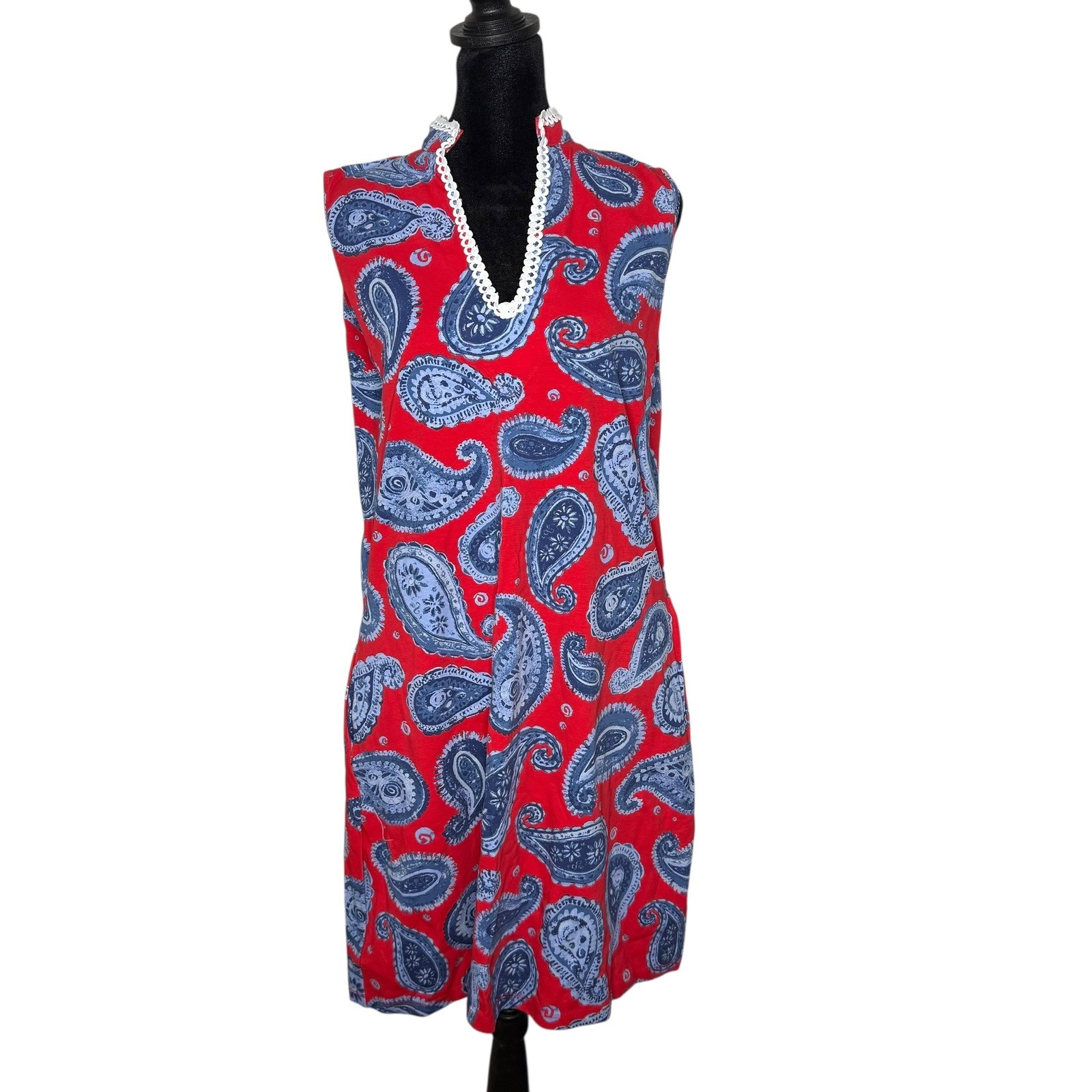 Ana Clare Paisley Shift Short Dress Size L Red Lace Trim Coastal Resort wear