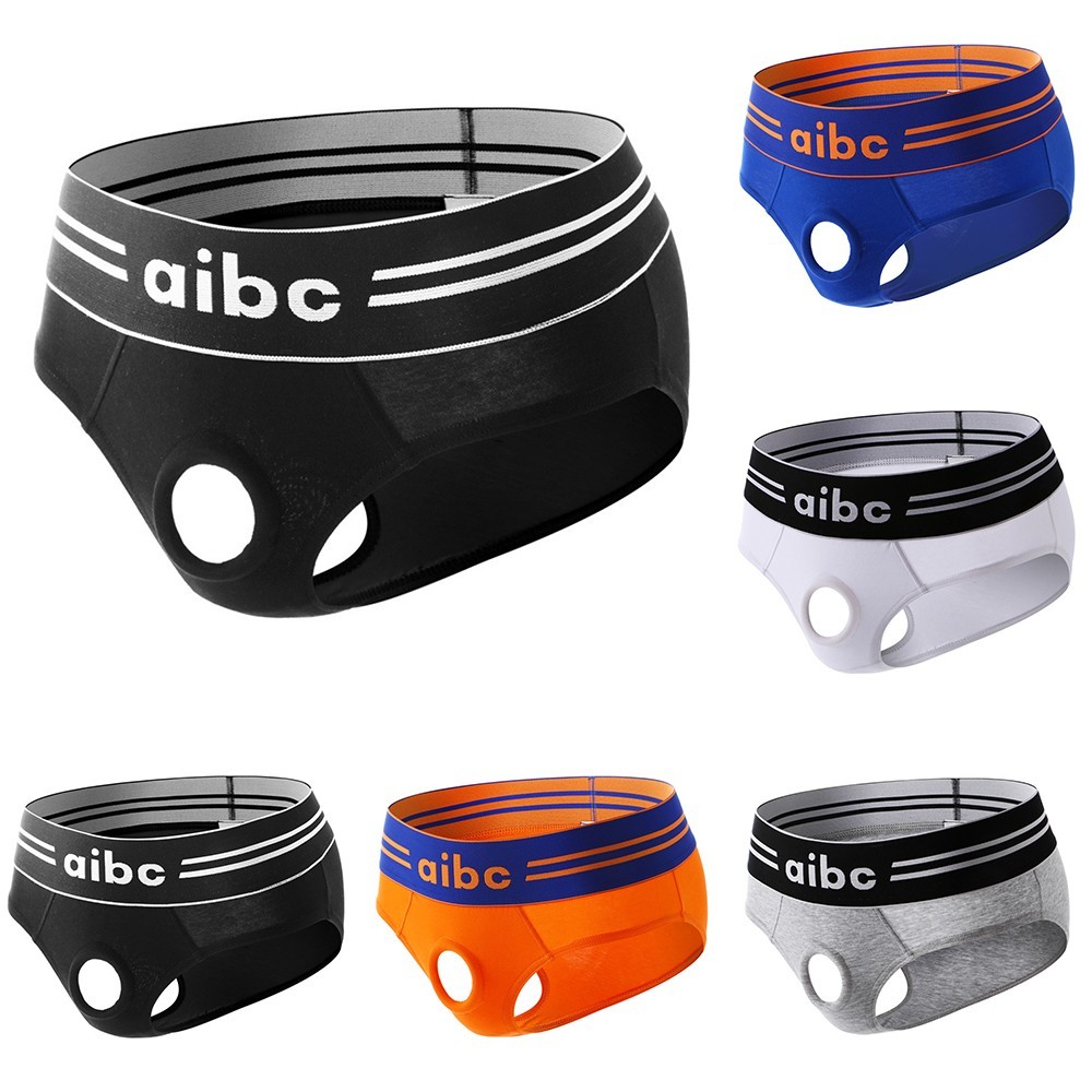 Male Mens Underwear Black White Gray Orange Blue Cotton Front Open Hole