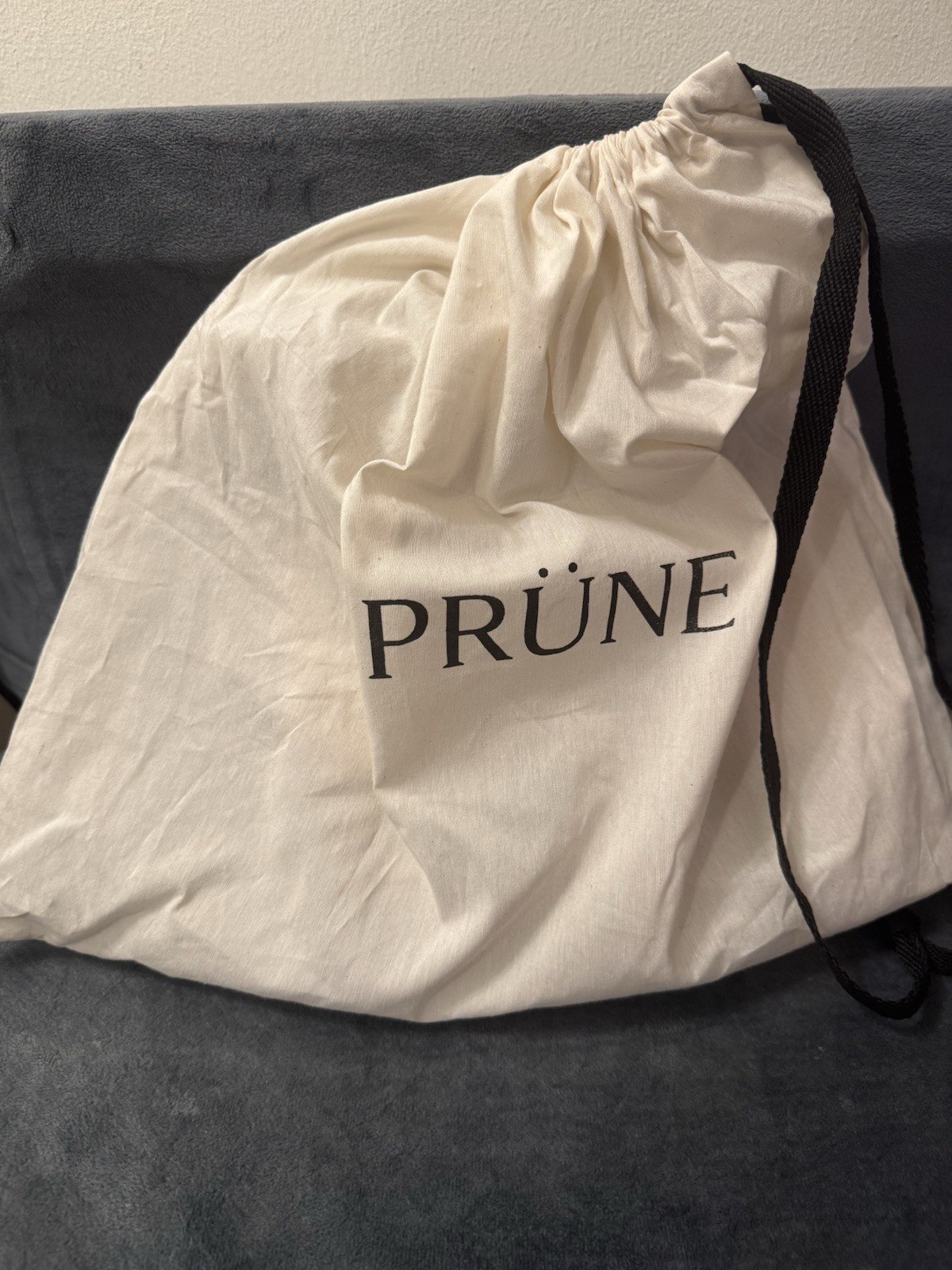 PRÜNE Beige Crossbody Bag Logo Strap Buckle/Zip Closure Silver Hardware Dust Bag