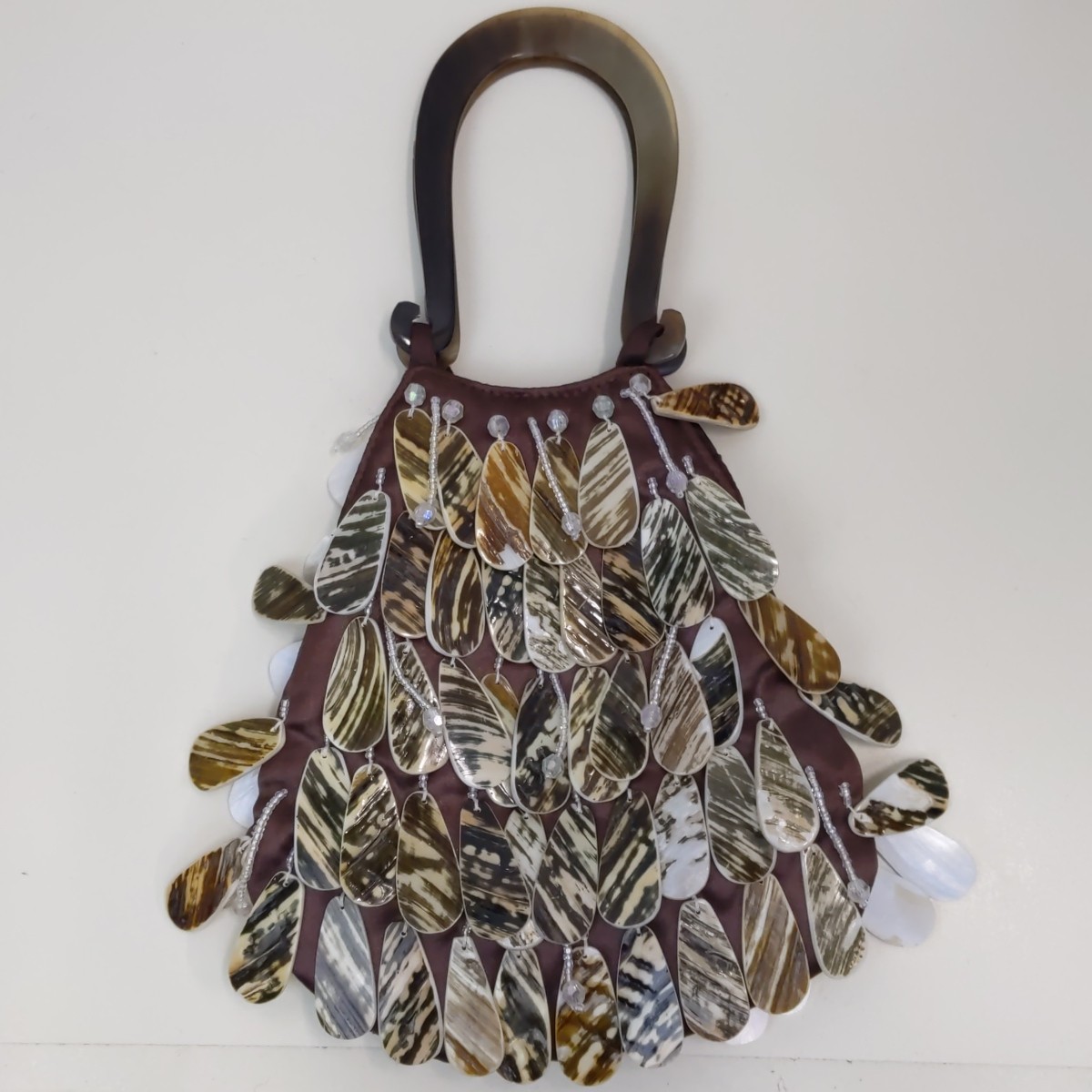 Artmosphere Silk Beaded Shell Handbag Brown Evening Purse Boho Statement Vintage